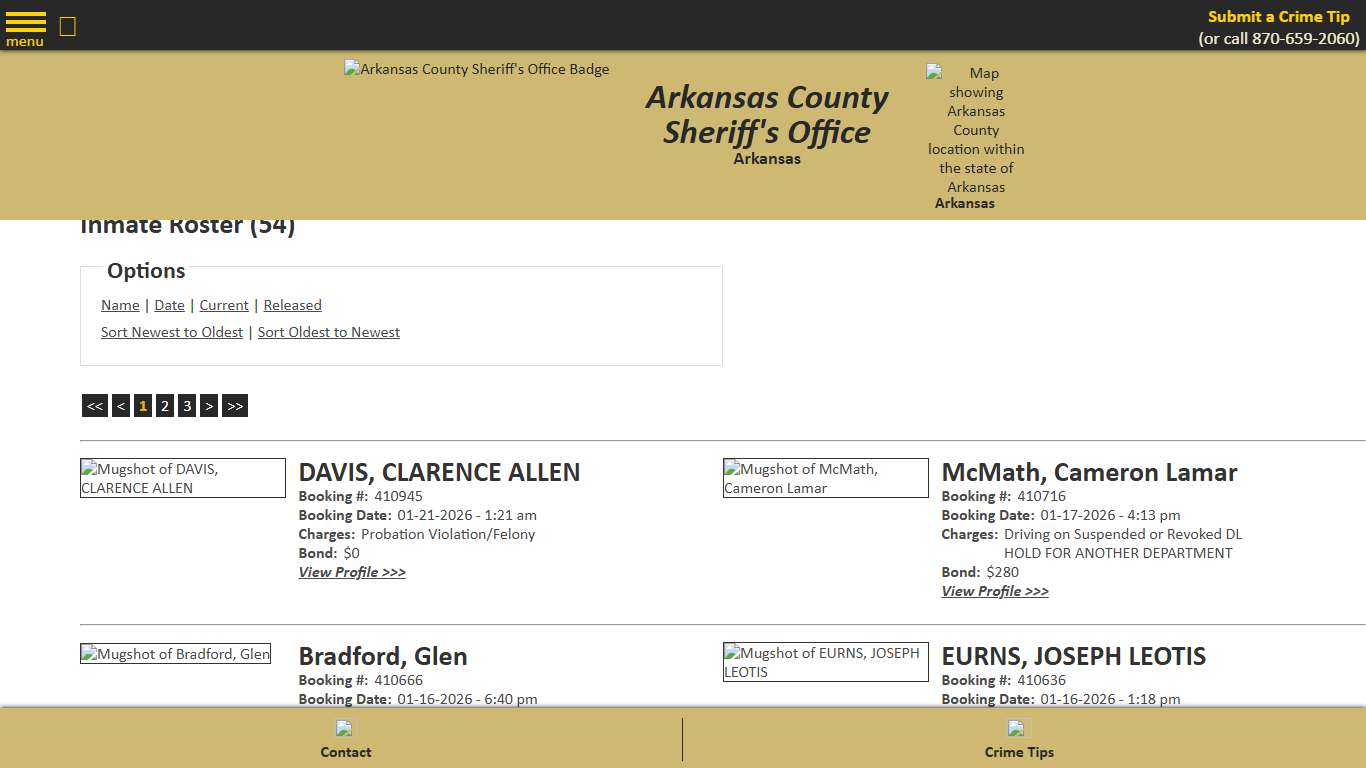 Inmate Roster - Current Inmates Booking Date Descending - Arkansas County Sheriff's Office, Arkansas
