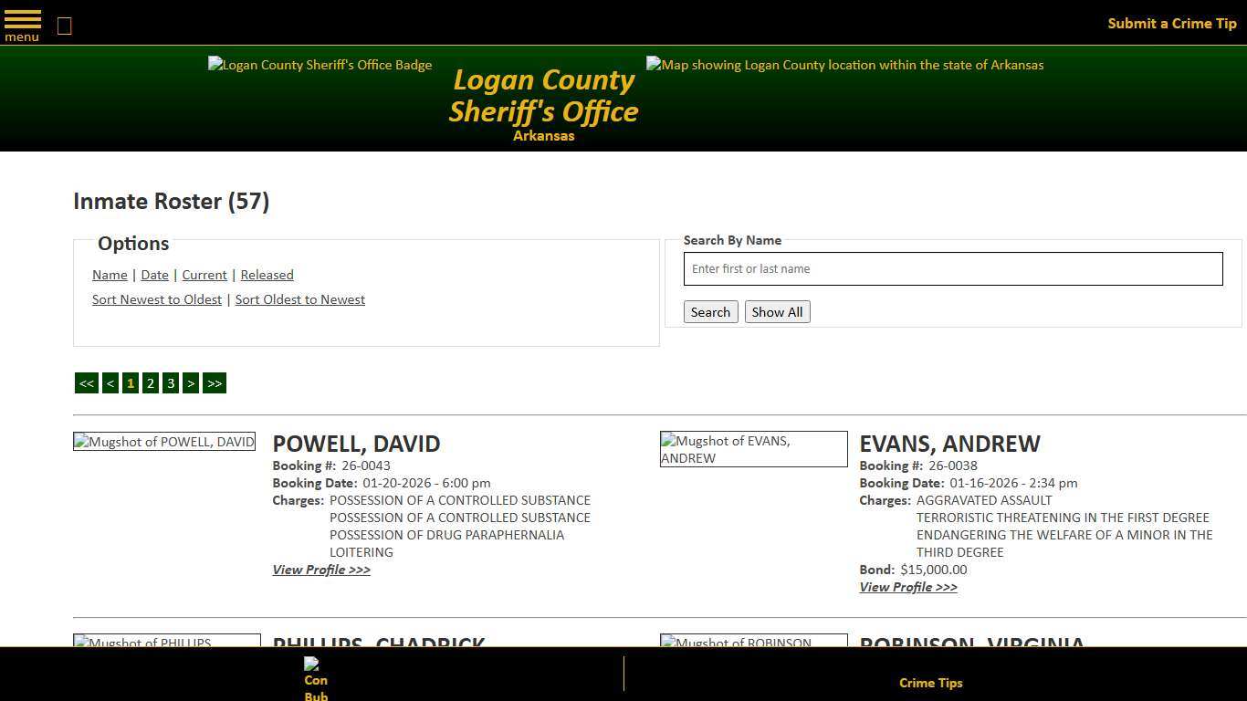 Inmate Roster - Current Inmates Booking Date Descending - Logan County Sheriff's Office, Arkansas